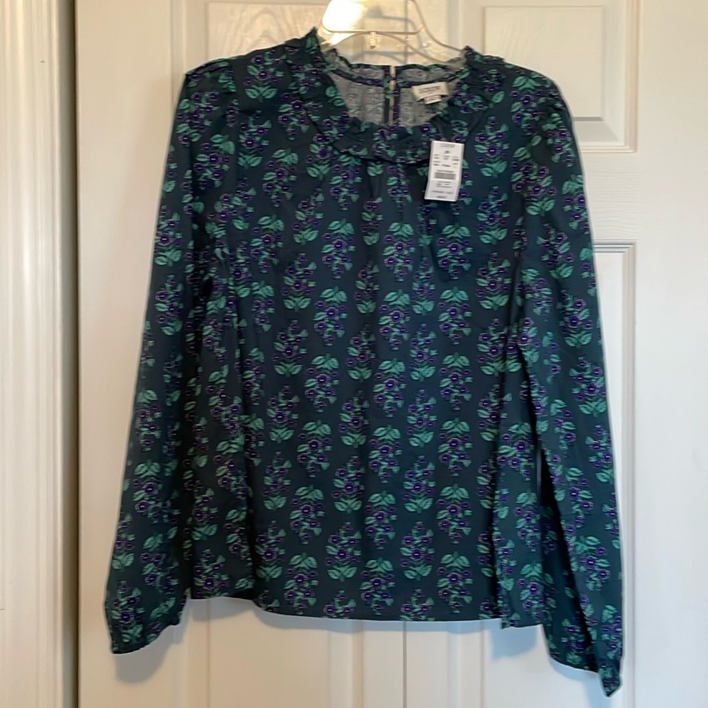NWT J Crew L floral tunic top teal w purple flowers ruffle crew neck long sleeve - Picture 2 of 7